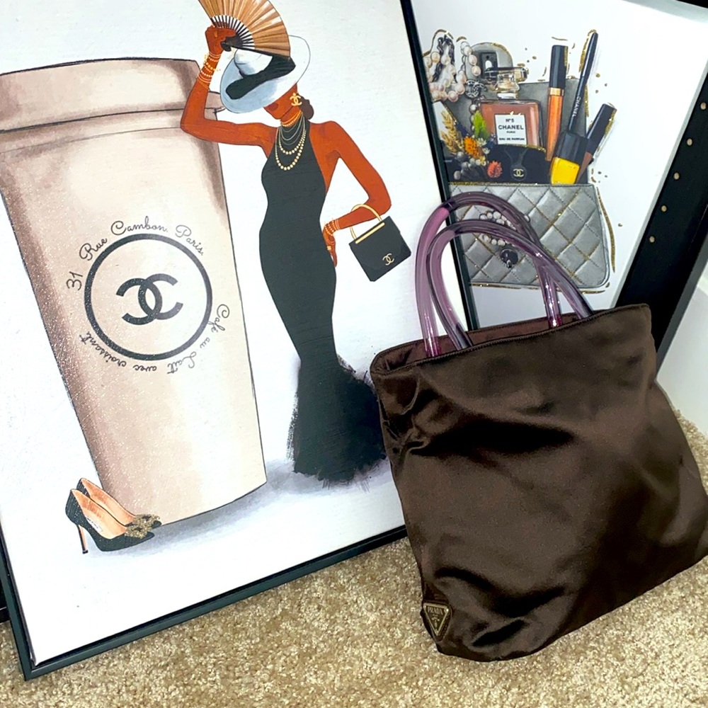 💎Prada Hand Bag Brown Nylon Plastic Handles EUC As Is